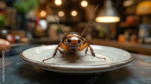 Close-Up of a Cockroach on a Plate in a Kitchen with Blurred Background and Warm Lighting

 photo