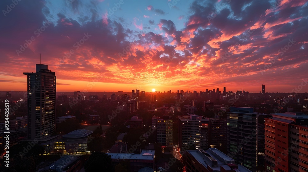 Fototapeta premium A vibrant sunset over a shimmering city skyline viewed from a high vantage point AI generated illustration