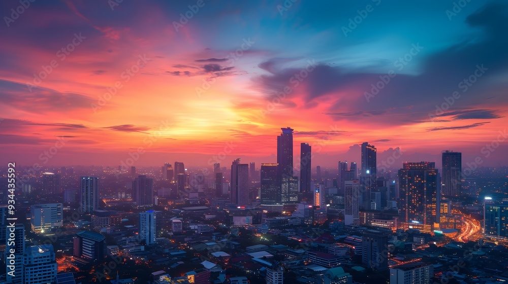 Fototapeta premium A vibrant sunset over a shimmering city skyline viewed from a high vantage point AI generated illustration