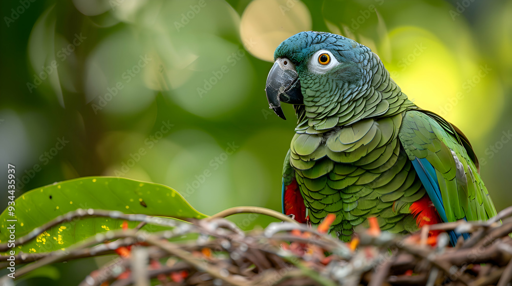 Fototapeta premium Amazon Red-fan Parrot perched on a branch, its vibrant feathers fanned out