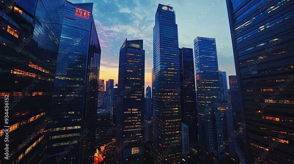 Obraz premium Illuminated Skyscrapers in a City at Dusk