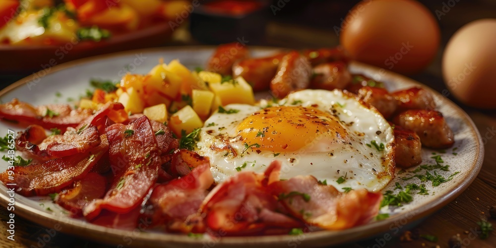 Fried eggs with bacon sausage and ham accompanied by a side of home fries Fried eggs with bacon sausage and ham accompanied by a side of home fries