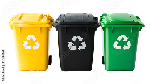 Collection of three recycling bins in different colors (black, green and yellow) isolated on a white background