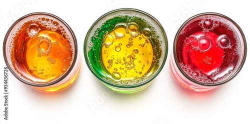 A collection of glasses with colorful drink menus, mocktails or cocktails, isolated on white background.