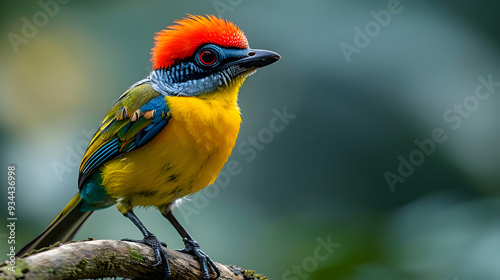 Amazon Red-headed Manakin perched on a branch, its vibrant plumage and distinctive color visible photo