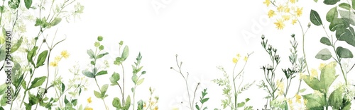 Watercolor frame featuring greenery and floral elements including wildflowers and meadow herbs Botanical design with nature components such as leaves plants and branches Buds and blossoms suitable