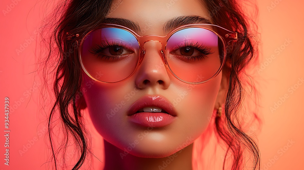 Close-up portrait of a young woman with brown eyes and pink glasses, looking directly at the camera against a bright red background. Close-up portrait of a young woman with brown eyes and pink glasses, looking directly at the camera against a bright red background.