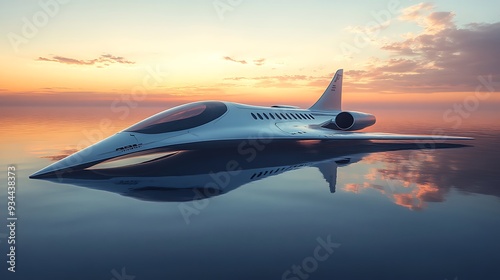 Wallpaper Mural Futuristic Private Jet Landing on Water at Sunset Torontodigital.ca