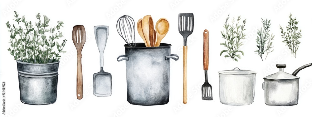Watercolor illustration of a metal gray flower pot and garden supplies including kitchen pans and saucepan utensils Isolated hand drawn floriculture design template suitable for cards stickers tex Watercolor illustration of a metal gray flower pot and garden supplies including kitchen pans and saucepan utensils Isolated hand drawn floriculture design template suitable for cards stickers tex