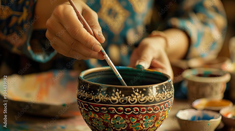 Close-Up of Artisan Painting a Colorful Ceramic Bowl with Intricate Patterns Close-Up of Artisan Painting a Colorful Ceramic Bowl with Intricate Patterns