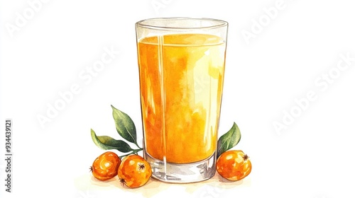 Watercolor illustration of a glass of fresh orange juice isolated on a white background Hand drawn summer drink featuring sea buckthorn berries Organic natural beverage photo