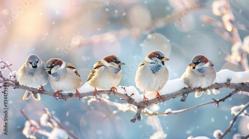 Group of Sparrows Perched on a Snow-Covered Branch During a Winter Day