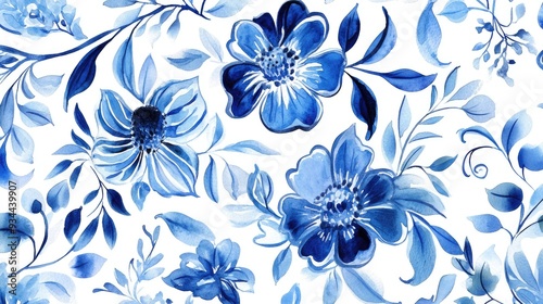 Watercolor illustration of a majolica tile featuring floral and leaf embroidery Mediterranean inspired porcelain pottery with ceramic dishes in folk print style Elements reminiscent of Talavera azu