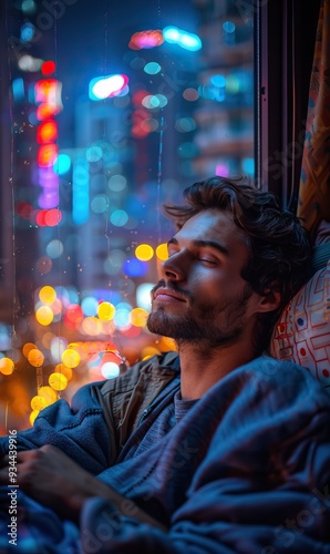 Reflective Young Man Relaxing by a Rainy Window with Vibrant City Lights in the Background