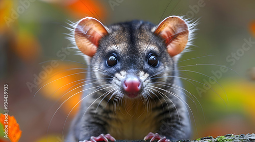 Amazon Red-sided Opossum face, showcasing its whiskers and eyes with a soft focus background