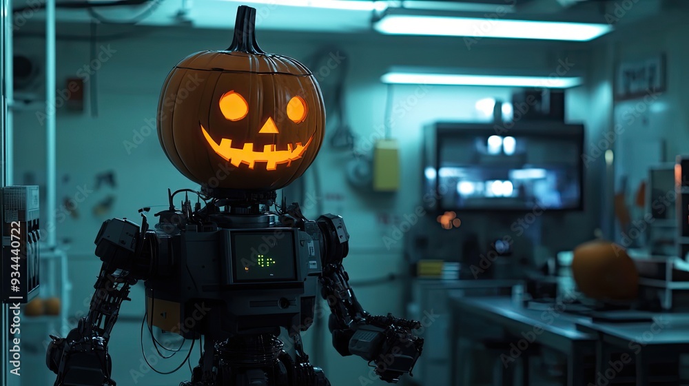A Robotic Figure With a Lit Pumpkin Head A Robotic Figure With a Lit Pumpkin Head