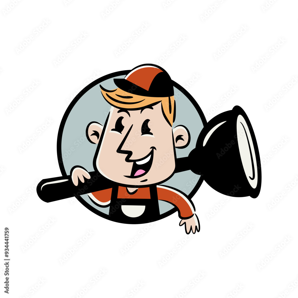 Cartoon plumber mascot or logo, holding a plunger with a smile, ready to fix plumbing problems. Cartoon plumber mascot or logo, holding a plunger with a smile, ready to fix plumbing problems.