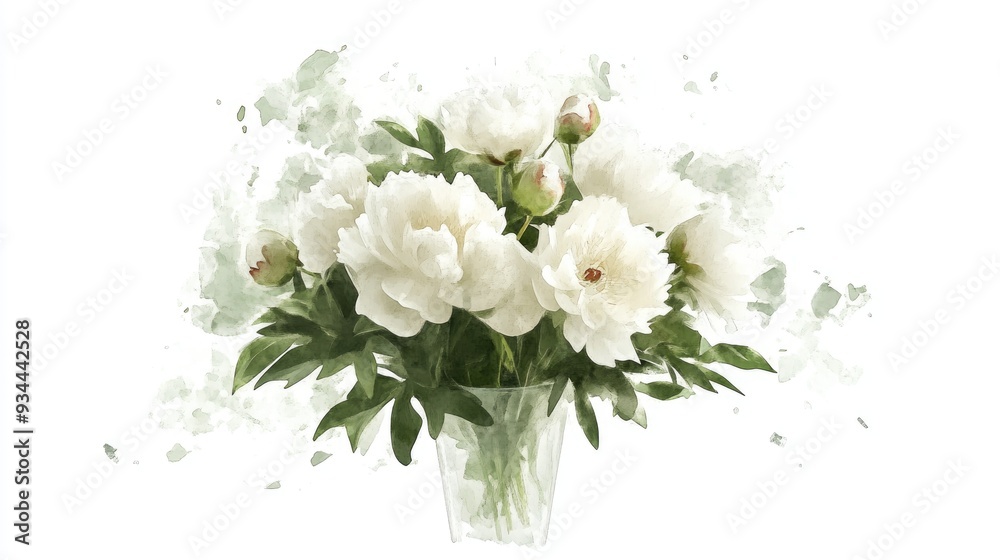 Watercolor illustration of a 3D digital render featuring a serene bouquet of white peony flowers in a vase isolated on a white background Watercolor illustration of a 3D digital render featuring a serene bouquet of white peony flowers in a vase isolated on a white background