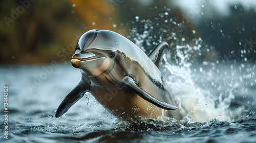 Amazon River Dolphin leaping out of the water, with ripples and splashes creating dynamic movement photo