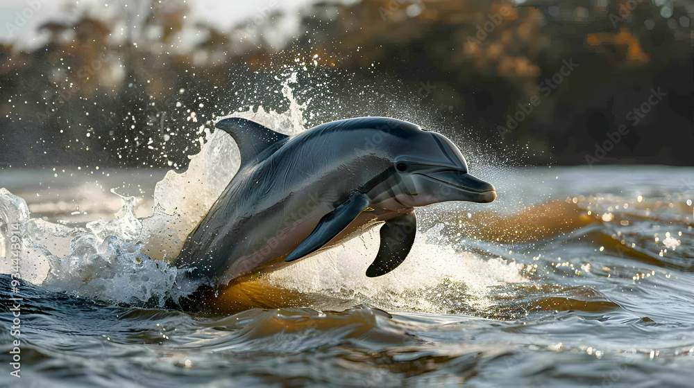 Fototapeta premium Amazon River Dolphin leaping out of the water, with ripples and splashes creating dynamic movement