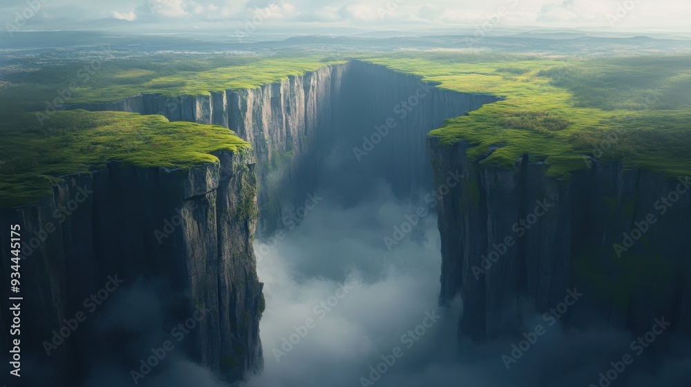A breathtaking view of a steep canyon surrounded by lush greenery and mist, showcasing the beauty of nature's landscape. A breathtaking view of a steep canyon surrounded by lush greenery and mist, showcasing the beauty of nature's landscape.