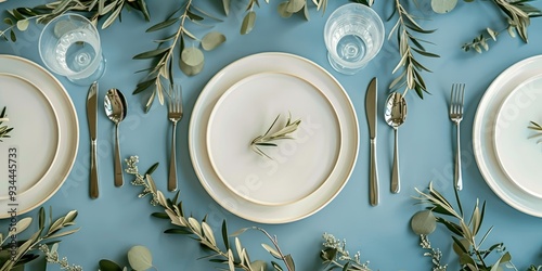Elegant Wedding Table Setting with Olive Branches and Porcelain Plates Top View Modern Vertical Blank Paper Card Layout with Mediterranean Vibes Blank Space for Your Text