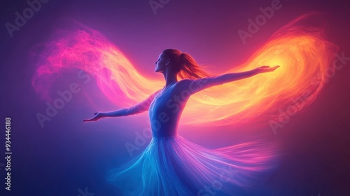 A graceful dancer with colorful wings of light, embodying freedom and artistic expression in a mesmerizing and vibrant atmosphere.