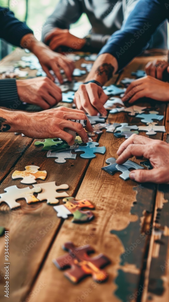 Puzzle Solving: A group of people or an individual working on a jigsaw puzzle, Puzzle Solving: A group of people or an individual working on a jigsaw puzzle,