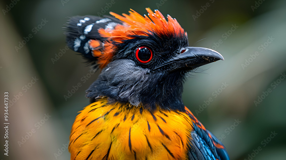 Fototapeta premium Amazon Royal Flycatcher head, showcasing its colorful crest and keen eyes