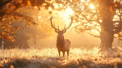 Majestic Red Deer Stag in Golden Autumn Forest Sunset
