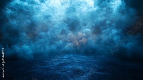 Dramatic blue smoke background with a textured ground.