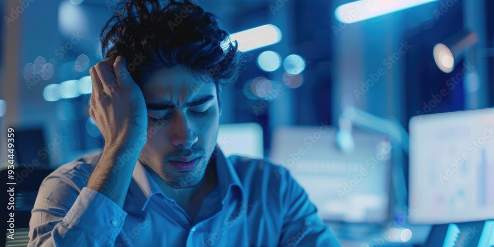 Professional dealing with headaches, fatigue, and anxiety in the workplace due to financial job stress, highlighting the challenges faced by individuals frustrated with technology amid investment Professional dealing with headaches, fatigue, and anxiety in the workplace due to financial job stress, highlighting the challenges faced by individuals frustrated with technology amid investment