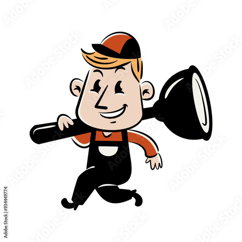 Cartoon plumber running with a plunger on his shoulder.