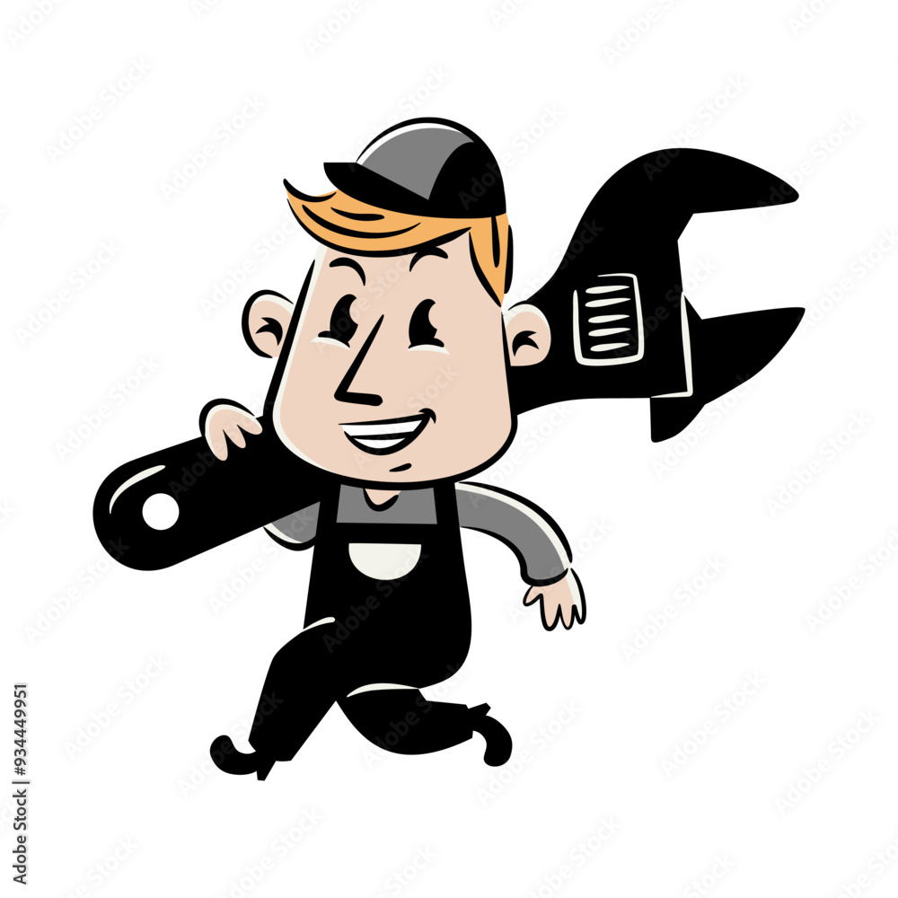 Cartoon mechanic running with a giant wrench, conveying speed, efficiency, and reliable service.