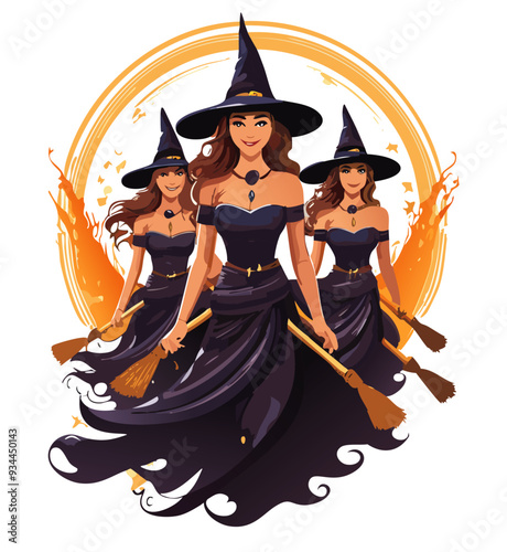 vector illustration of 3 beautiful witches on brooms, halloween, spooky, scary, witch, spells