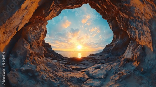 Sunset View from Cave Opening Rocky Coastline Sea Dramatic Sky