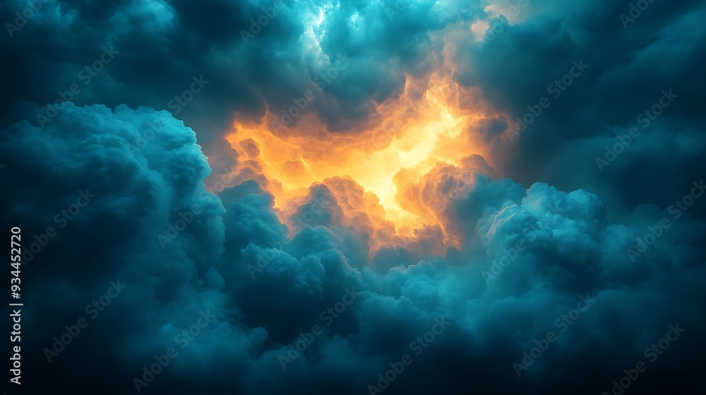 Dramatic, stormy sky with bright orange light breaking through dark clouds. Dramatic, stormy sky with bright orange light breaking through dark clouds.
