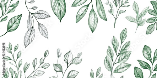 Botanical seamless pattern with hand drawn green leaves and branches on light background. Natural doodle style illustration for fabric design.