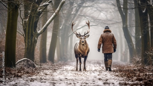 Santa claus and reindeer in winter forest  new year s arrival and christmas festivities photo