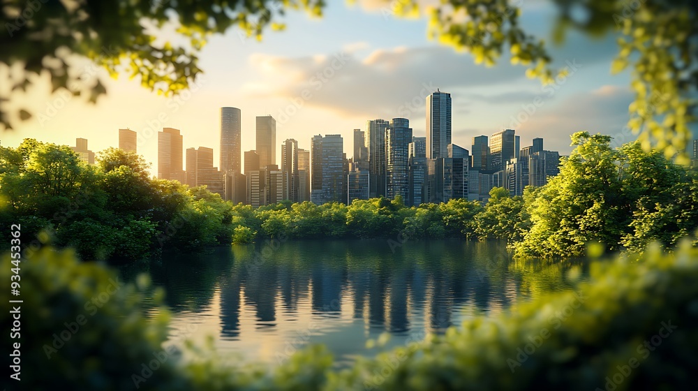 Fototapeta premium Cityscape Reflected in Calm Water with Lush Green Trees