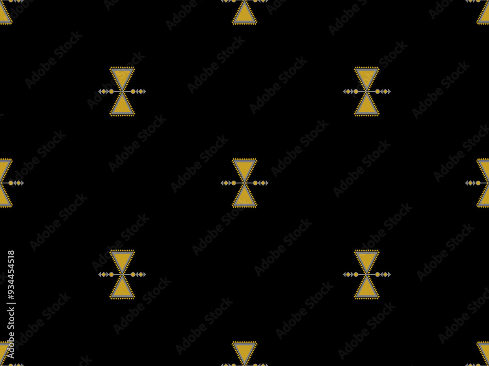 Simple ethnic geometric pattern in gold color on black background. Seamless folklore embroidery, ornament pattern style.