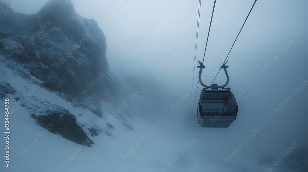 Cable car in the fog and the snowy mountain Cable car in the fog and the snowy mountain