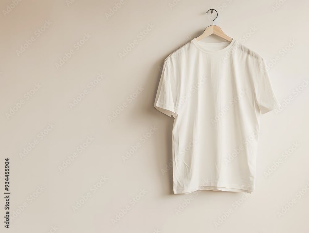 A white plain t-shirt hanging on a hanger against a simple, light-colored background with soft lighting A white plain t-shirt hanging on a hanger against a simple, light-colored background with soft lighting