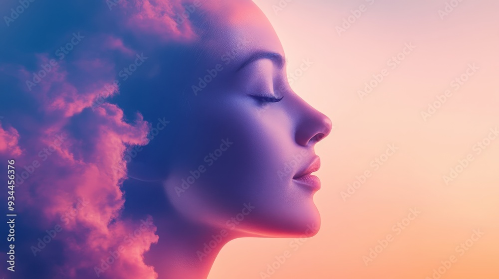 Dreamy portrait of a woman with serene expression, surrounded by colorful clouds, capturing a tranquil and ethereal atmosphere. Dreamy portrait of a woman with serene expression, surrounded by colorful clouds, capturing a tranquil and ethereal atmosphere.