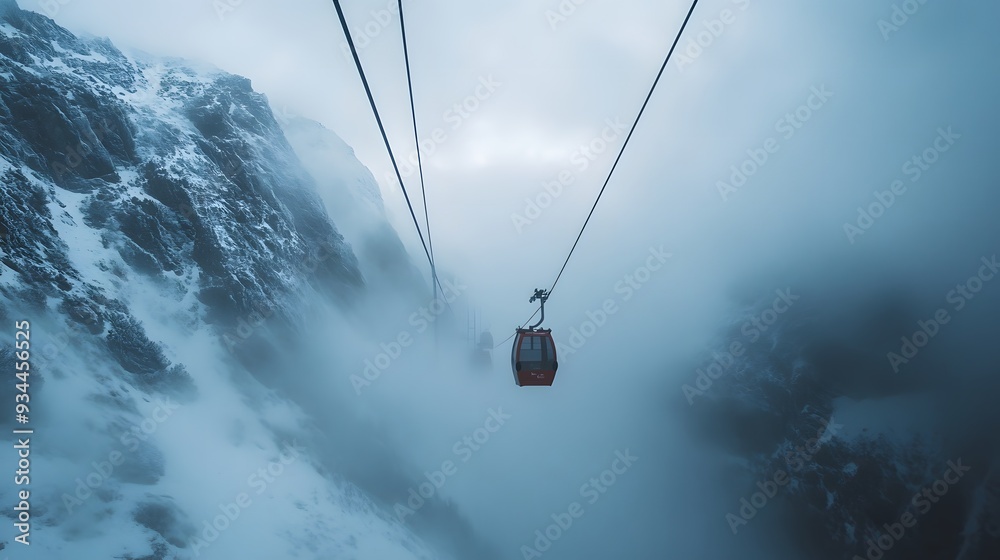 Cable car in the fog and the snowy mountain Cable car in the fog and the snowy mountain