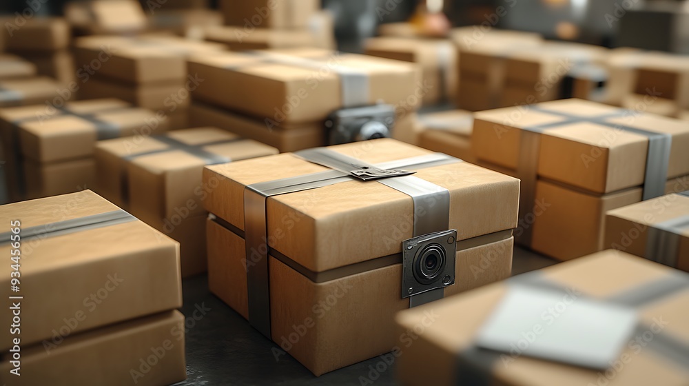 Fototapeta premium Stack of Cardboard Boxes with Tape and Camera Lens