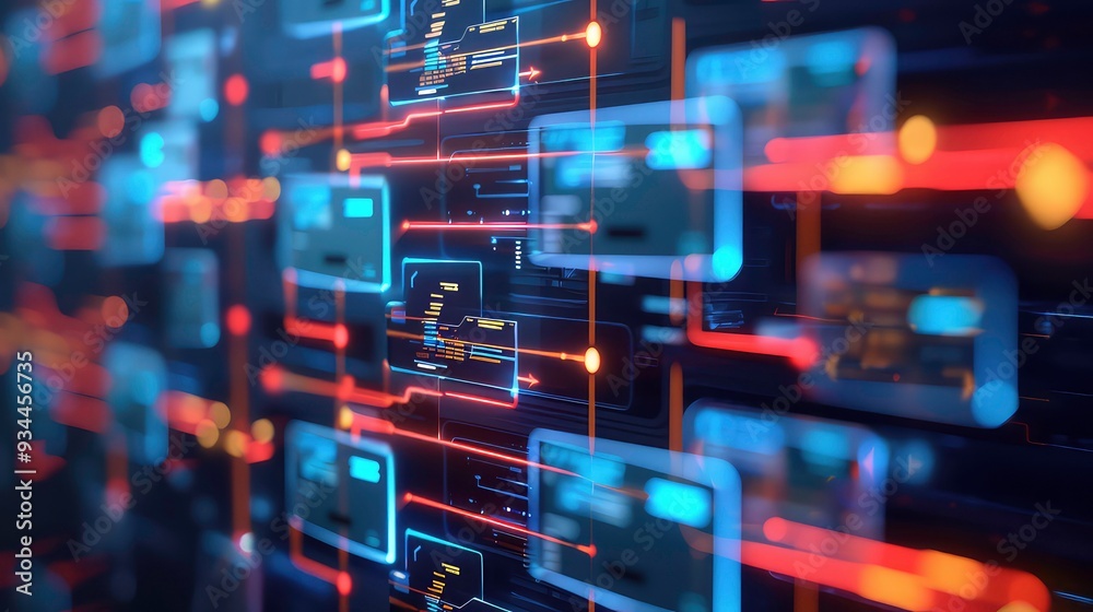An abstract background with a futuristic and technological feel, showcasing interconnected glowing panels and lines with code-like text. An abstract background with a futuristic and technological feel, showcasing interconnected glowing panels and lines with code-like text.