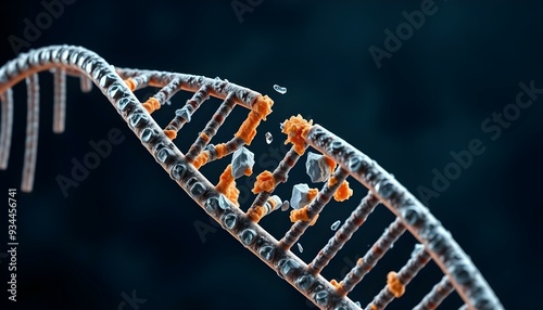 Detailed 3d rendering of DNA strand. DNA breaking due to genetic mutations.