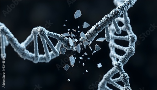 Detailed 3d rendering of DNA strand. DNA breaking due to genetic mutations. photo