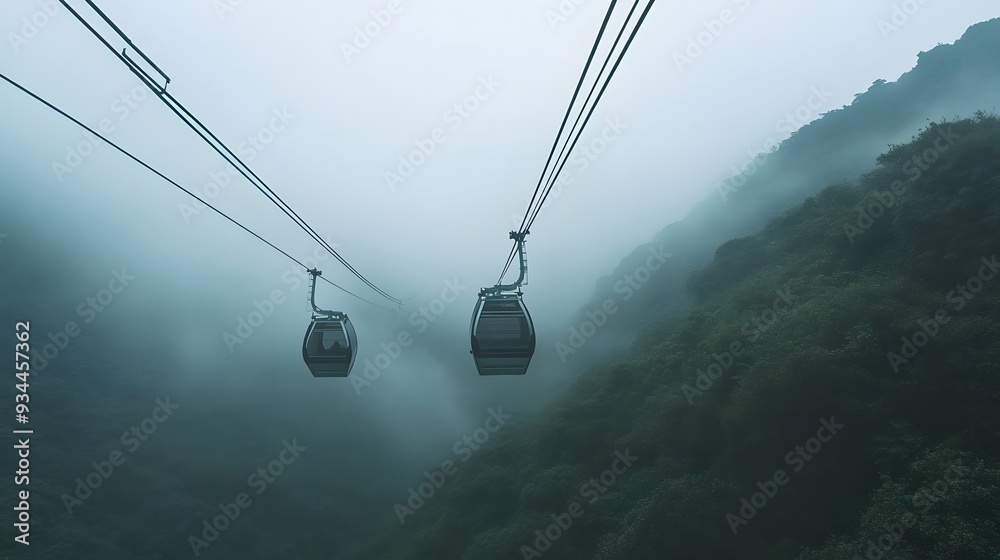 Cable car in the fog and the snowy mountain Cable car in the fog and the snowy mountain